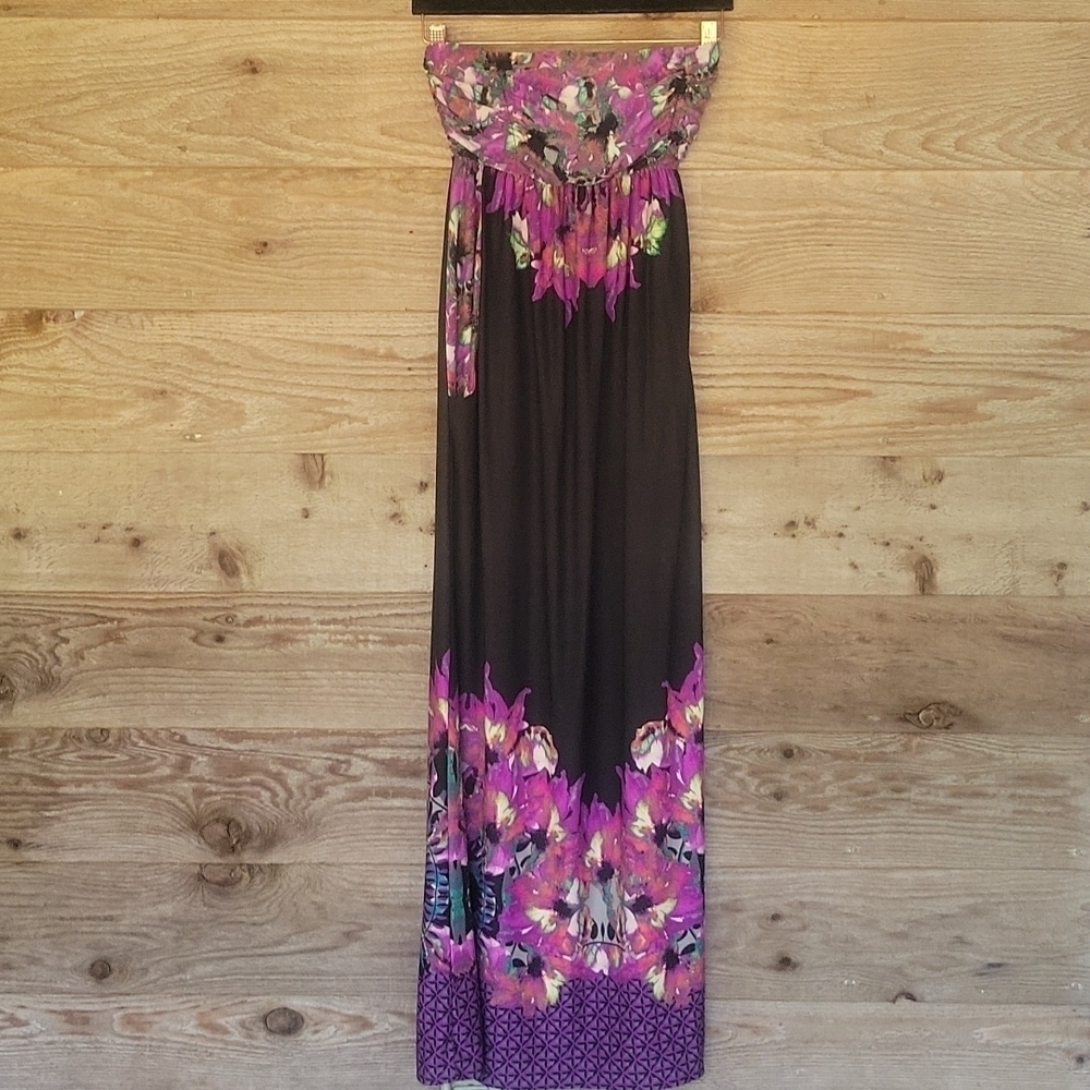 Soma Strapless Dress Black with Purple Floral Print Size Xsmall